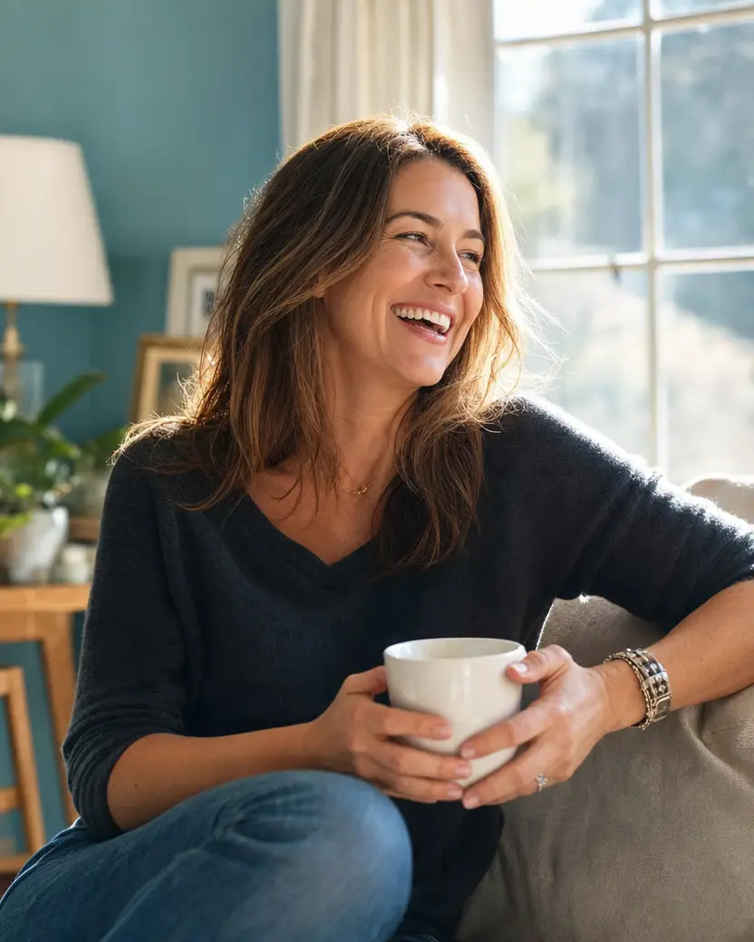 preventative dentistry, woman smiling while holding coffee